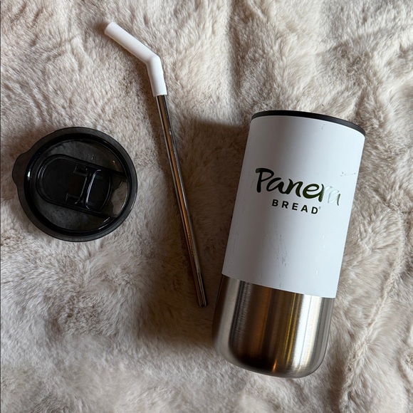 Panera Bread Reusable Coffee Tumbler white silver straw unused - Picture 5 of 7